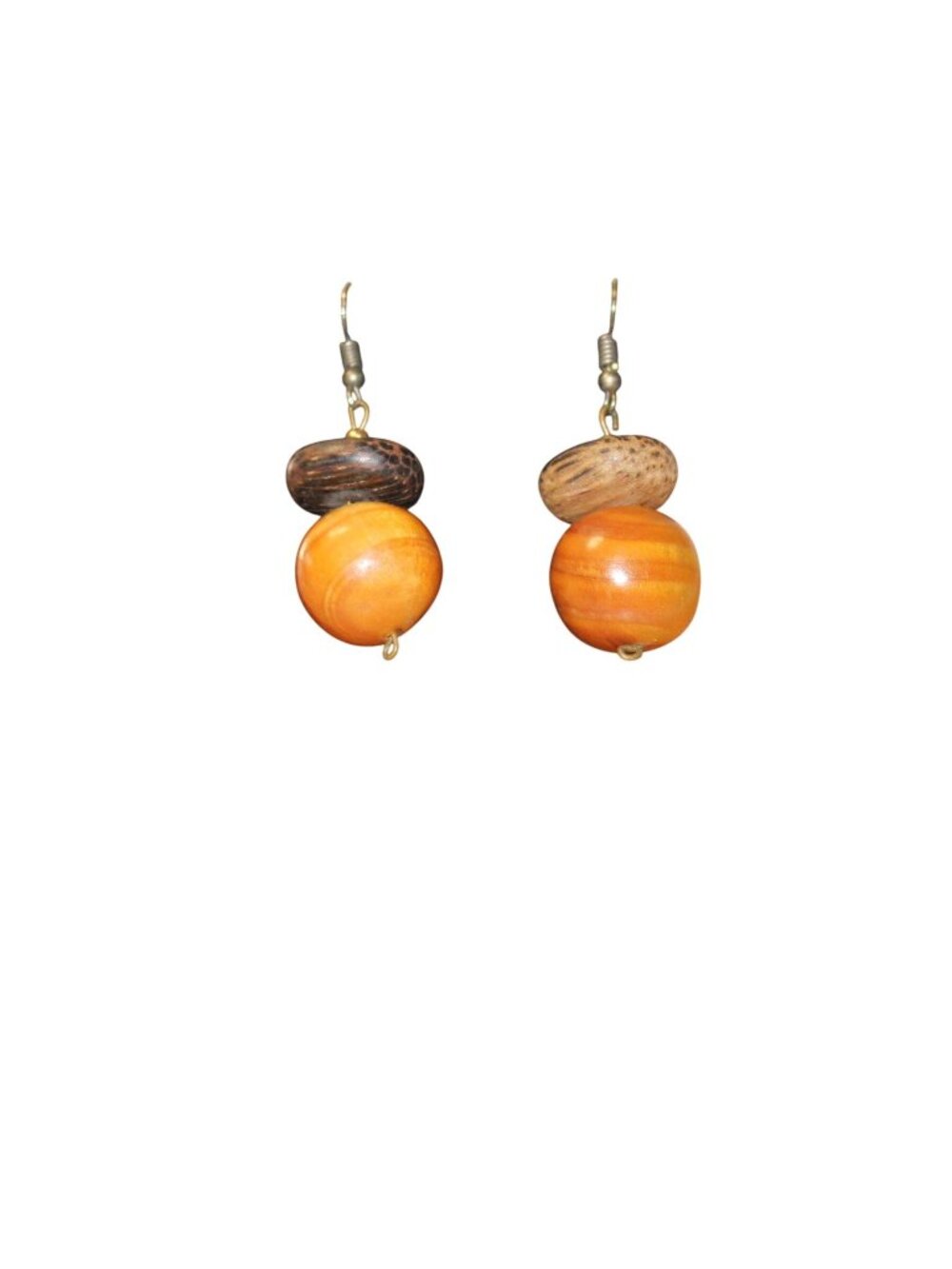 Natural Wooden Bead Dangle Earrings Stacked Spherical & Disc-Shaped Design